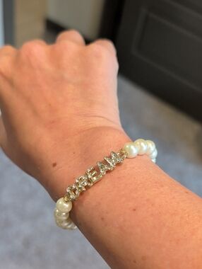 Personalized Pearl Stretch Bracelet with Gold Letter Accents - White